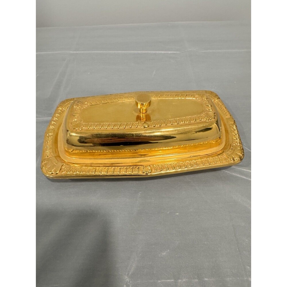 Vintage 24K Gold Electroplated Butter Dish Glass Insert Ornate